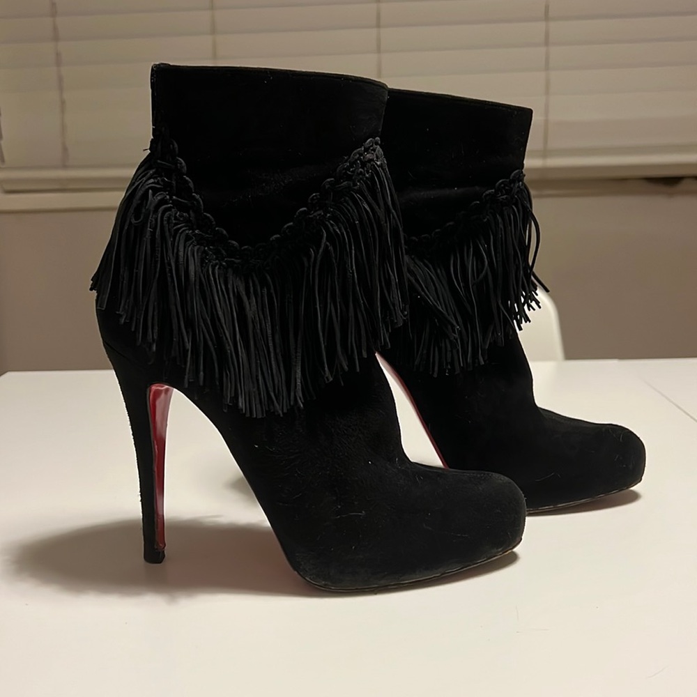 Size 6.5 (37), Christian Louboutin, black suede ankle boots with fringe.